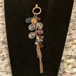 Multicolor Beaded Dangle Pendant Charm Goldtone Chain Tassel Boho Glam Statement